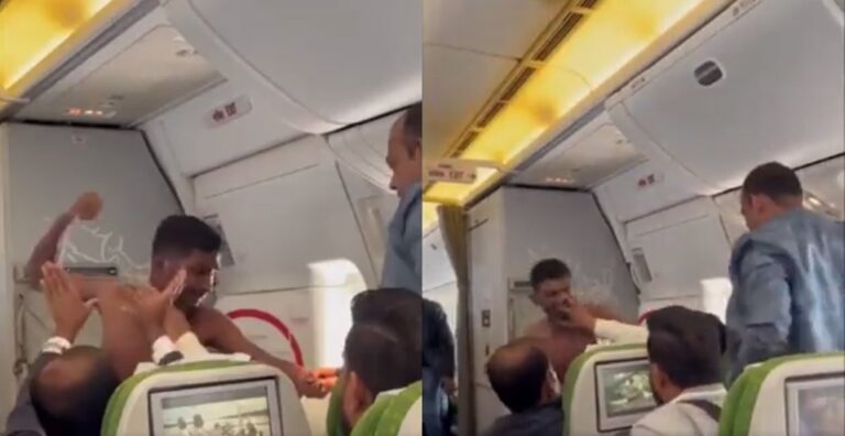ವಿಮಾನದಲ್ಲಿ ಮಾರಾಮಾರಿ ಜಗಳ – ಅಂಗಿ ಬಿಚ್ಚಿದ ಪ್ರಯಾಣಿಕನೋರ್ವನಿಂದ ಸಹಪ್ರಯಾಣಿಕನಿಗೆ ಹೊಡೆತ – ವೀಡಿಯೊ ವೈರಲ್